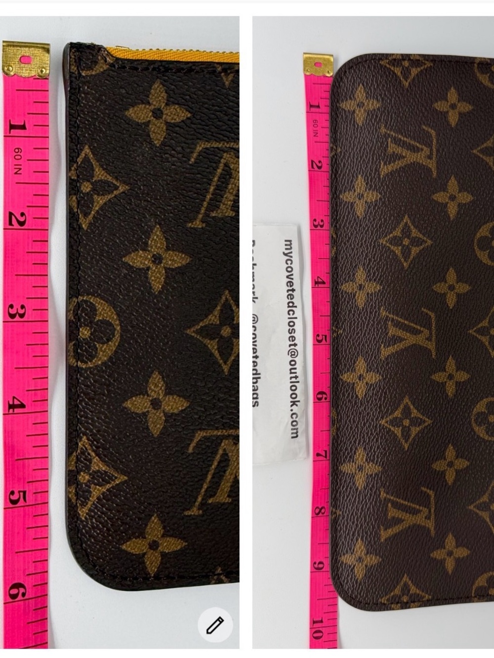 LV Monogram Neverfull Pouch with Rare Yellow Interior w/Dust Bag and Entrupy COA - Picture 15 of 16